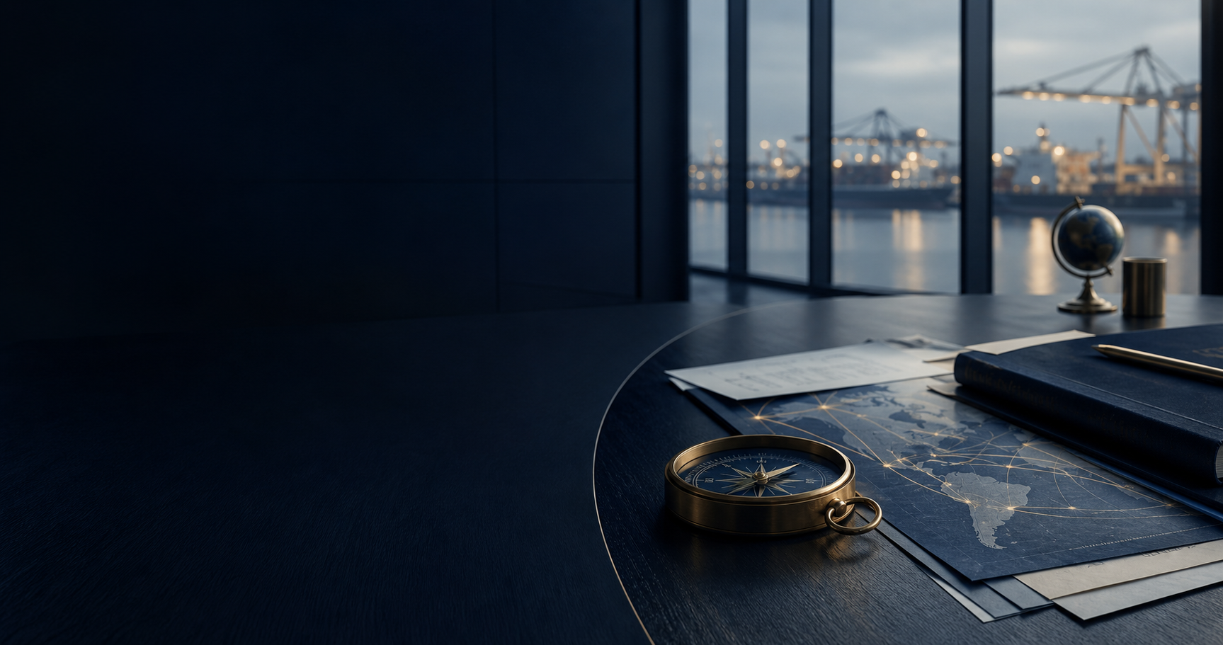 Executive trade coordination setting with documents, logistics context, and muted gold instruments